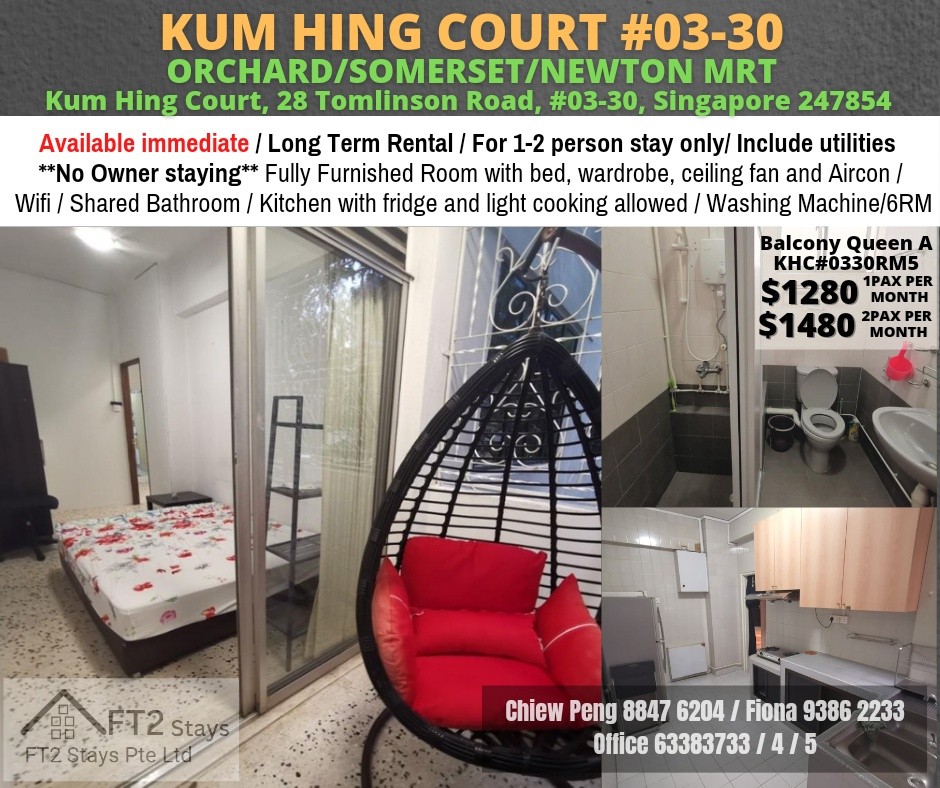 Tanglin / River Valley / Orchard - Kum Hing Court - Balcony Queen Room- Available Now, Property, Rentals, Room Rentals - Tanglin - Bedroom - Homates Singapore