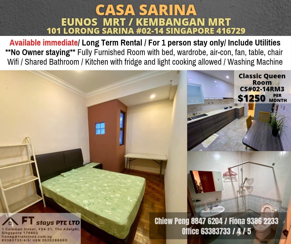 Kembangan MRT | Eunos mrt /Common Room for rent/ Casa Sarina for 1 Pax | Immediate Available | No Agent Fee - Kembangan - Bedroom - Homates Singapore